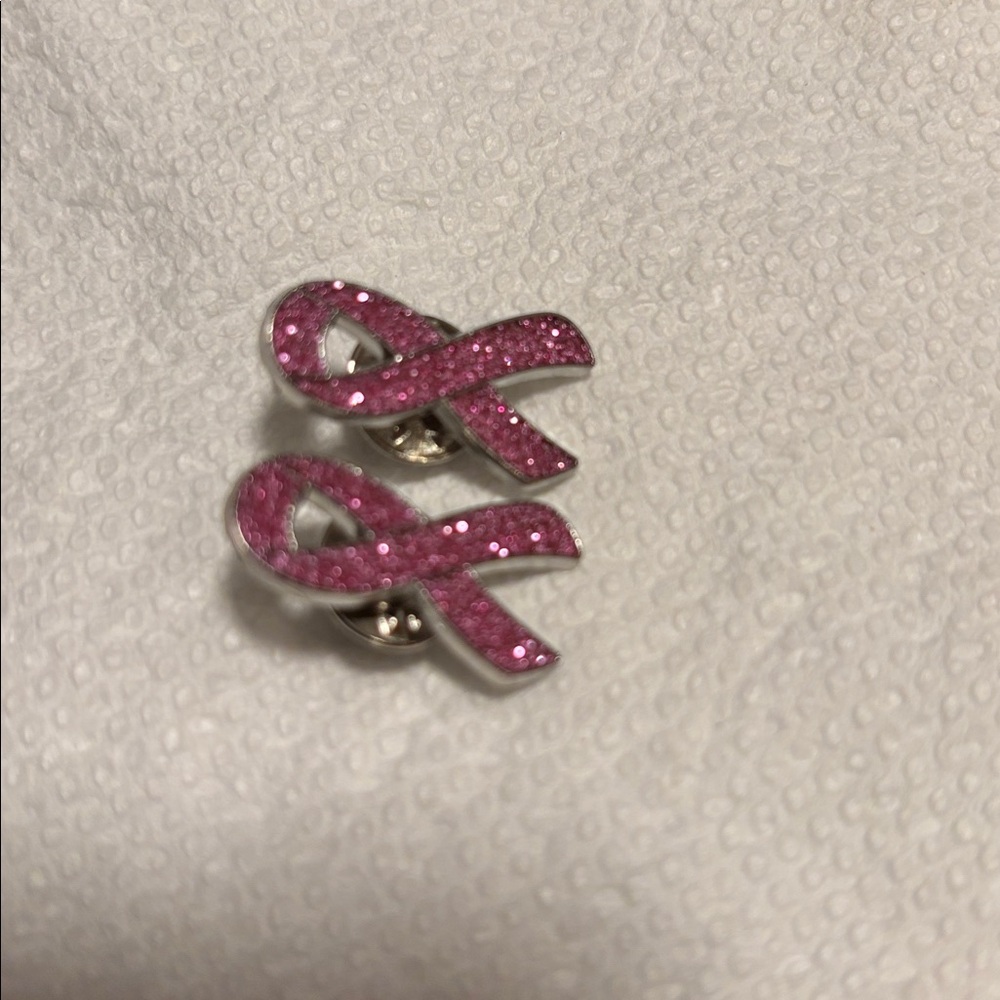 BREAST CANCER AWARENESS Set of 2 Pink GLITTER Ribbon Pins - Picture 6 of 7